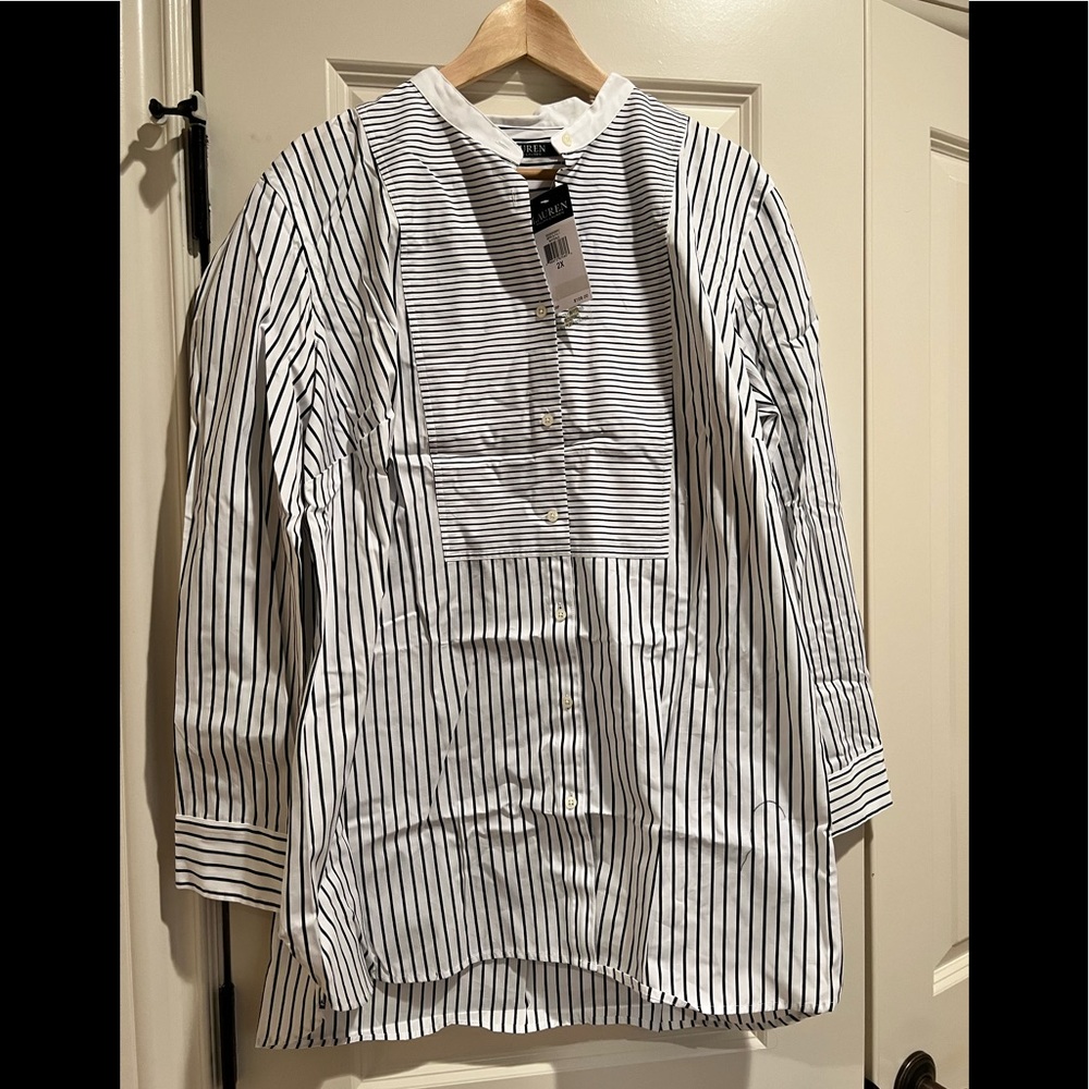 NWT. Lauren by Ralph Lauren black and white striped tunic.
